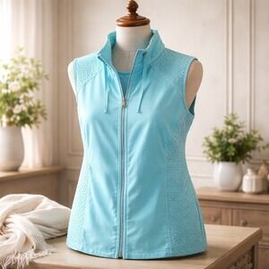 Weekends by Chico's 2 Womens Vest Teal Blue Textured Full‎ Zip Large NWT $80